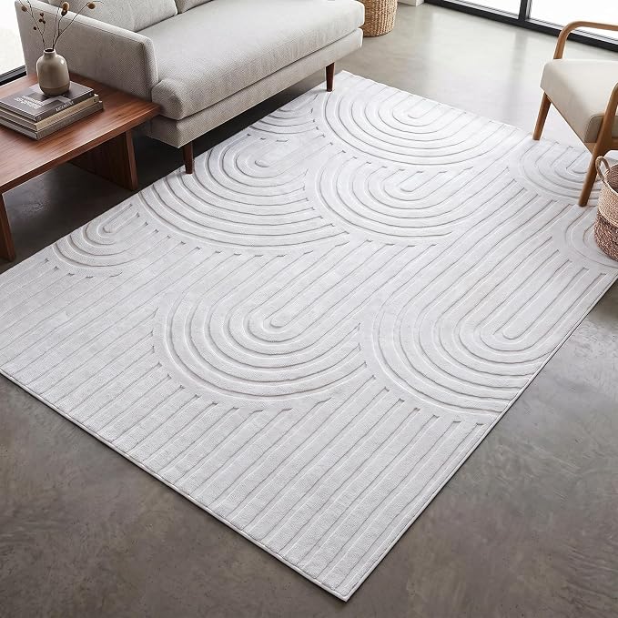 Washable 6x9 Area Rug, High Low Pile Cream Neutral Arch Textured Large Soft Carpet, Non-Slip Stain Resistant Rug for Living Room Bedroom Dining Room, Under Table Rug