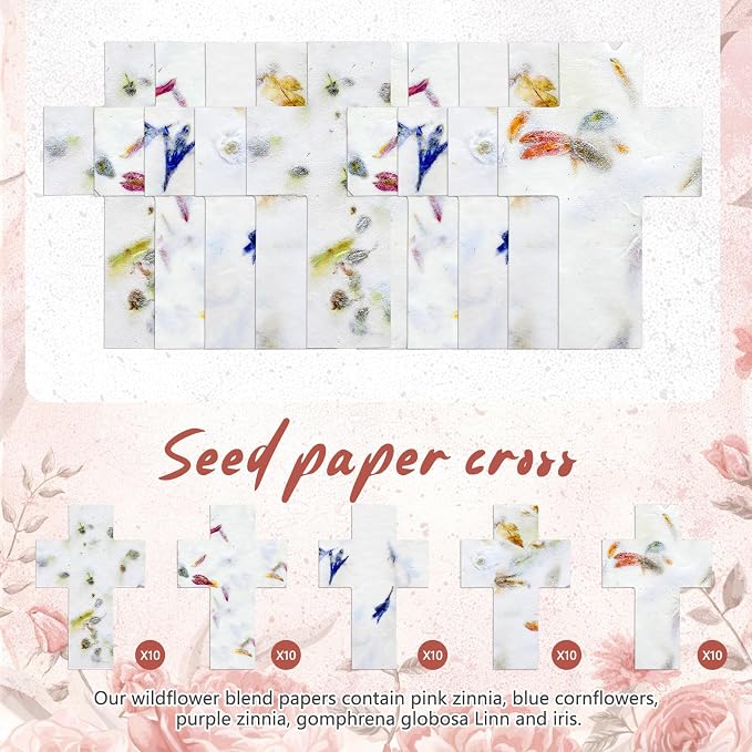 Dunzoom 50 Pcs Handmade Seed Paper Plantable Wildflower Seed Paper Recycled Flower Petals Tags Wedding Favors for Guests Craft Gifts Cards for Envelope Birthday Party, 5 Styles (Cross)