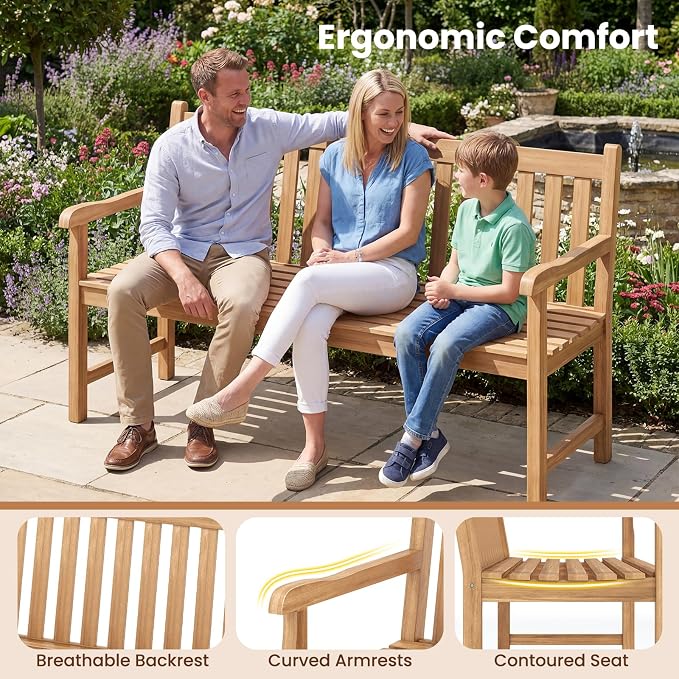 Tangkula 62" Teak Wood Outdoor Bench, 3-Seat Solid Wood Garden Patio Bench with Armrests and Backrest, Wooden Outside Porch Bench Seating Furniture for Backyard, Balcony and Park (62")