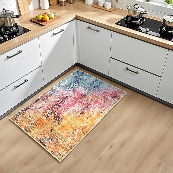 Colorful Washable Small Area Rug, 2x3 Abstract Non-Slip Door Mat, Modern Low Pile Indoor Entryway Rugs, Stain Resistant Throw Carpet for Front Door, Kitchen, Entry, Inside Entrance