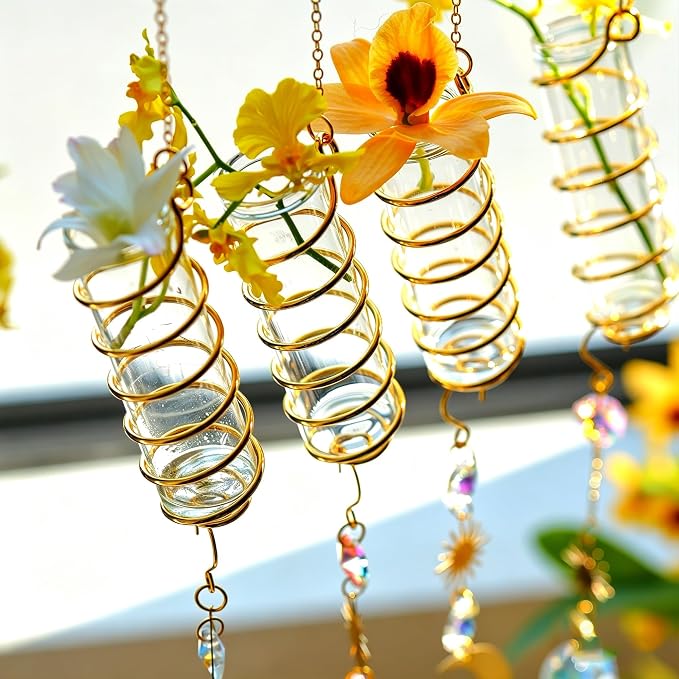 HDCRYSTALGIFTS 3pcs Crystal Suncatchers with Plant Propagation Tubes for Window Wall Hanging, Mini Flower Vase Glass Planter Stations for Hydroponics Home Garden Office Decoration Plant Lover Gift