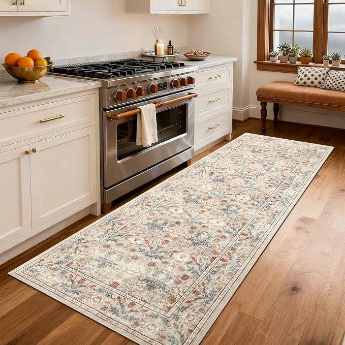 GarveeHome Washable Runner Rug 2x6, Non Slip Floral Kitchen Runner for Hallway Entryway Beige Laundry Bathroom Mat Farmhouse Thin Stain Resistant Carpet for Bedroom Beside Rug