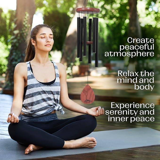 Black Wind Chimes for Outside Clear Tone, 28 Inch Havasu Hand Tuned E Major Wind Chime, Adjustable Clapper, Aluminum Tubes and Ash Wood, Patio Balcony Garden Decor, Memorial Sympathy Gift