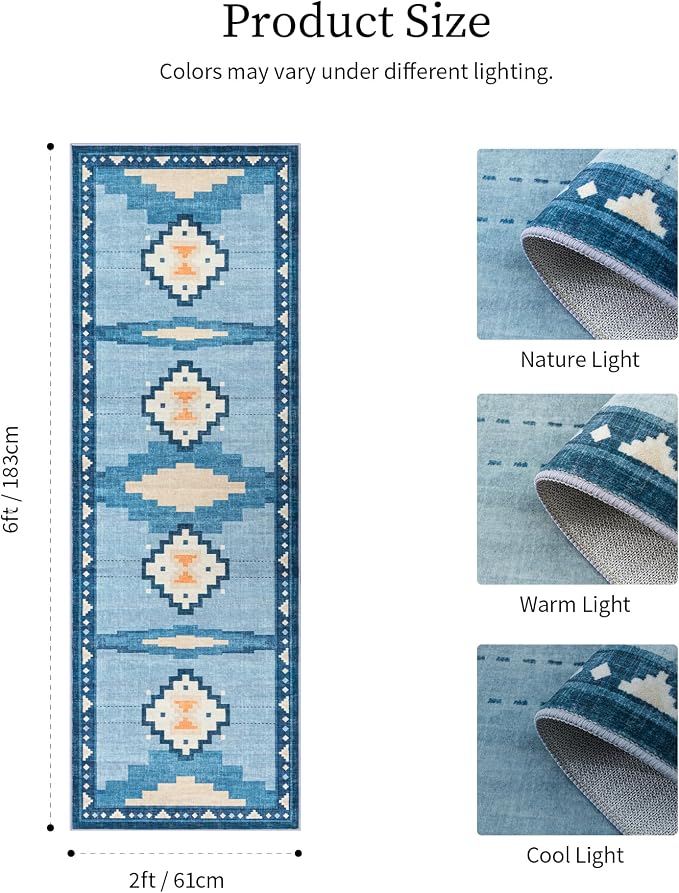 YIHOUSE 2'x6' Washable Hallway Runner Rug, Blue Aztec Coastal Runner Rug | Non-Slip, Low Pile, Soft, Mid Century Modern Geometric Design, for Entryway Kitchen Bedroom