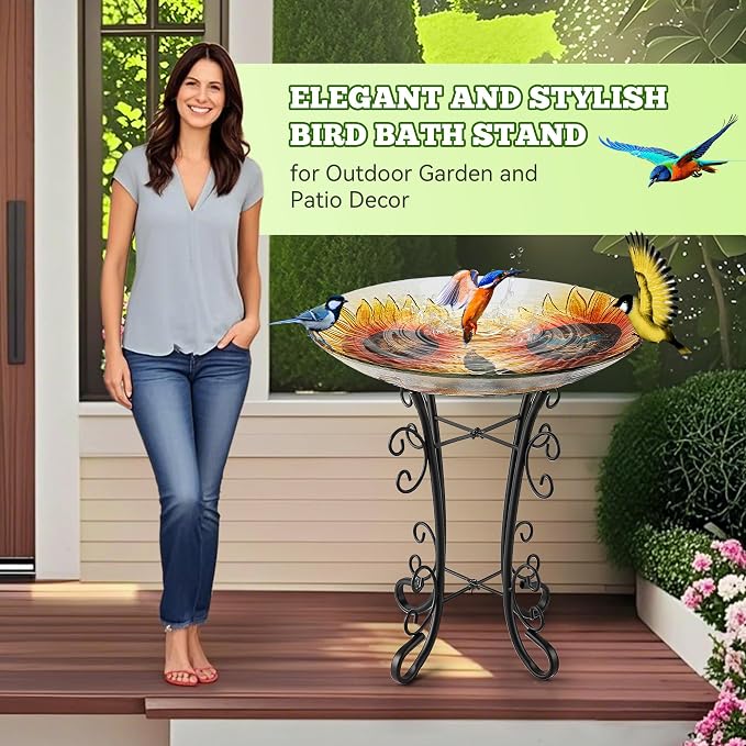 Outdoor Metal Bird Bath Stand, Sturdy Birdbath Bowl Stand, 16 Inch, Fade and Weather Resistant, Outdoor Decoration for Glass BirdBaths, Garden Yards Lawn (Ornate)