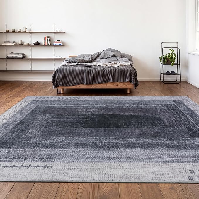 Neutral Geometric Grey 6x9 ft Large Rug for Living Room Bedroom | Contemporary Modern Area Rugs Vintage Washable Soft Faux Wool Low Pile Indoor Carpet for Dining Room Office Home Decor