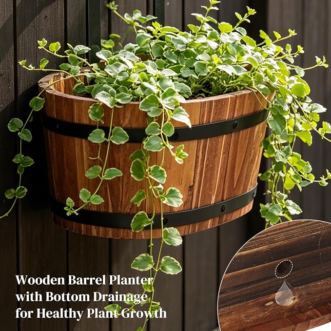 Railing Planters for Outdoor Plants Balcony Hanging Flower Pots with Detachable Hooks, Window Flower Box Hanging Bucket Pots Fence Planters for Garden Home Decor (Brown-2pack, Large)