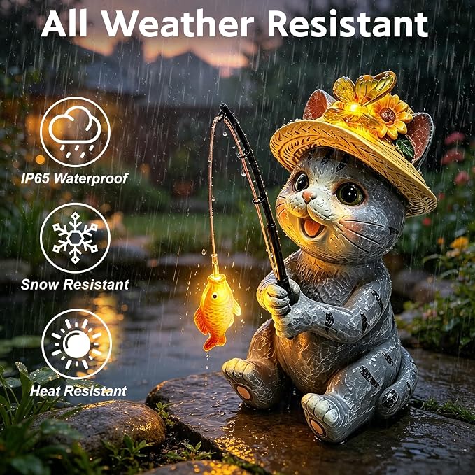 Solar Garden Cat Statues, Outdoor Fishing Cat with Butterfly Solar Lights | Birthday Gifts for Cat Lovers Mom Women, Waterproof Garden Figurines for Yard Decor, Patio Porch Lawn Ornaments