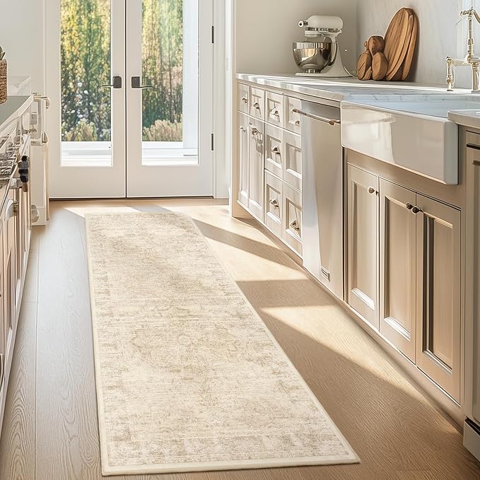 Farmhouse Beige 2x6 Runner Rugs for Hallway Entryway, Kitchen Runners Washable Non Slip Low Pile, Vintage Distressed Medallion Printed Rugs for Mudroom/Bedroom Bedside/Laundry Room/Bathroom