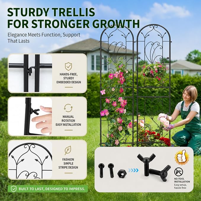 4 Pack 87x20in Garden Trellises, Sunflower Black Metal Coated Rustproof Trellis for Climbing Plants Outdoor, Roses, Vegetables, Vines, Cucumbers