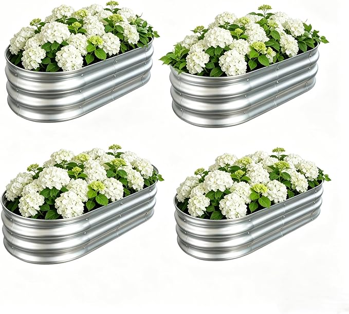 Galvanized Raised Garden Bed Outdoor, Large Raised Bed for Gardening, 4Pcs 4x2x1ft Oval Metal Planter Box for Vegetables, Fruits, Flowers, Silver
