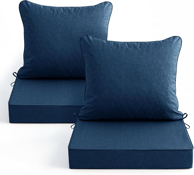 Summsun Outdoor Chair Cushions, Faux Linen Backrest and Deep Seat Cushion Set for Patio Furniture with Weather Resistant Removable Cover, Ties, Non-Slip Bottom, 24 x 24 Inch, Navy, Set of 2