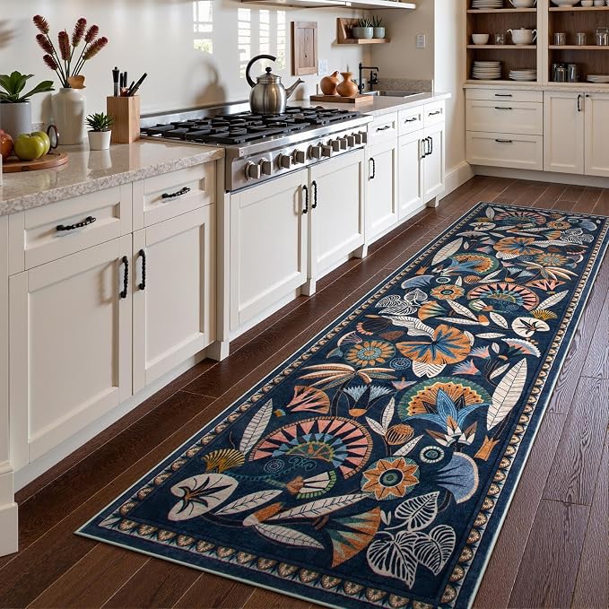 Zealude Egypt Floral Kitchen Runner Rugs Non Skid Washable,2x8 Boho Vintage Hallway Bathroom Runner Rug Non Slip,Soft Long Carpet for Laundry Room Entryway Bedroom (Dark Blue,2 x 8)