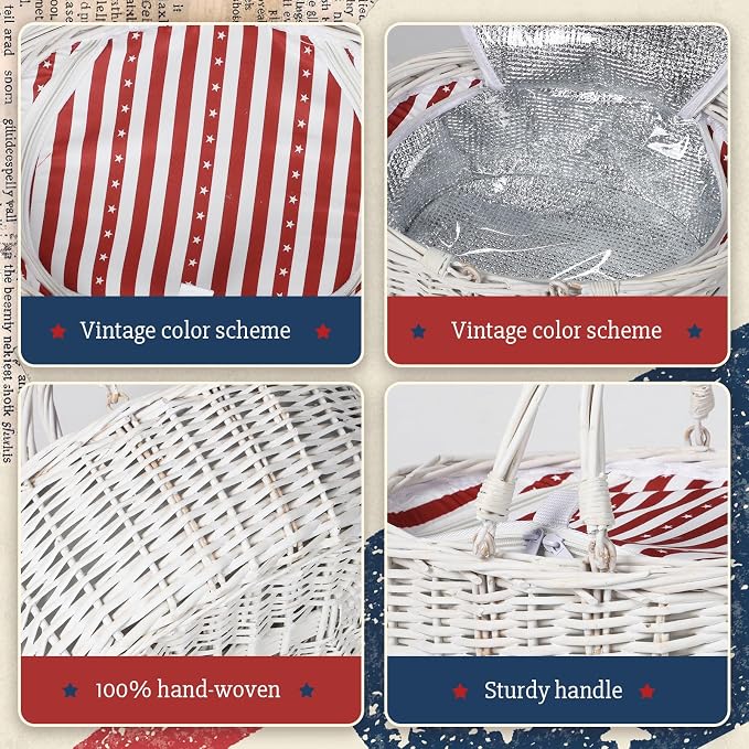 Wicker Picnic Basket with Insulated Lined Bag 15“ x 11” x 7“ Red, White Star Stripe Pattern, Iced Beer Insulated Bag for Camping, Picnics, Birthday Gifts, Wedding Gifts