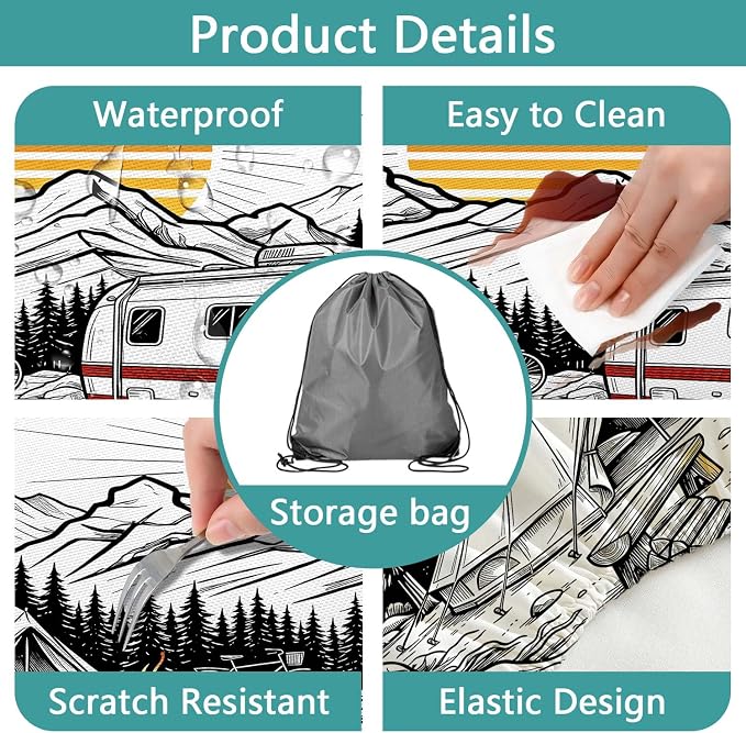 Picnic Table and Bench Covers Set Camping Essentials - Waterproof Windproof Vintage Camper Tablecloth, Camping Accessories with Drawstring Bag Fits Standard Rectangle Tables for Picnic, 30X96 inch