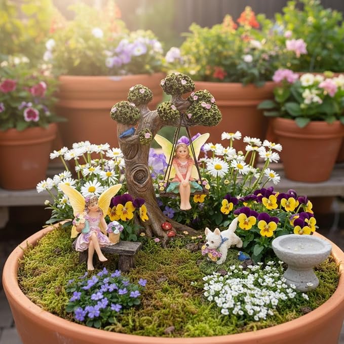 PRETMANNS Fairies for Fairy Garden Outdoor - Miniature Fairy Figurines Set with Tree Swing & Puppy - Indoor Outdoor Fairy Garden Accessories Kit - Starter Supplies for Fairy Village