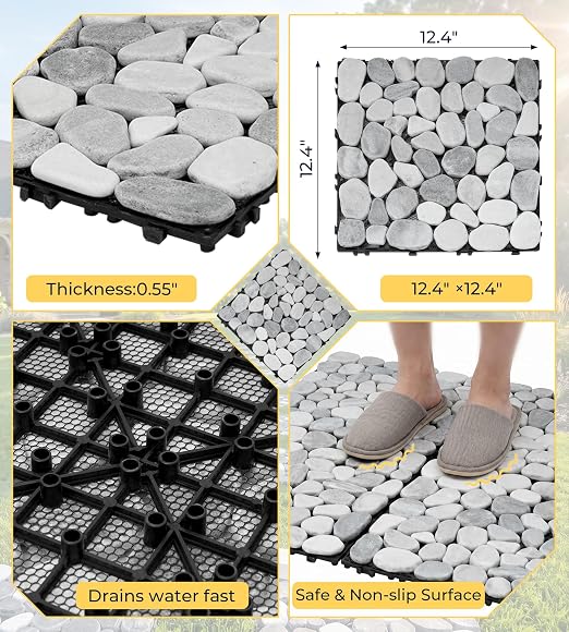 jxgzyy 4 Pcs Interlocking Stepping Stones Outdoor for Garden, 11.8" Square Pavers for Landscaping, Outside Pebble River Stone Mat for Yard Lawn Patio Pathway Walkway, DIY Landscape Decor - Light Grey