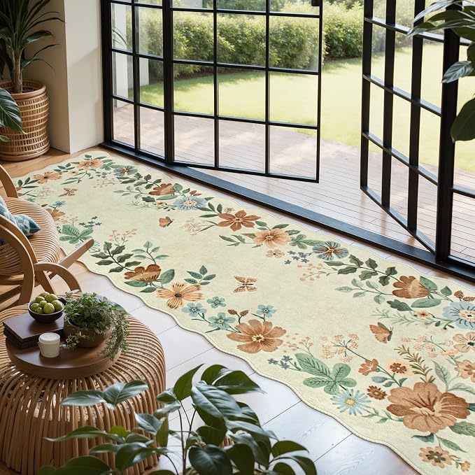 Lahome Floral Washable Runner Rug, 2'6''x8' Soft Hallway Rug Non Slip | Boho Ultra-Thin Kitchen Runners for Hallways with Rubber Backing Carpet for Laundry Bedroom Bathroom Flore (Beige)