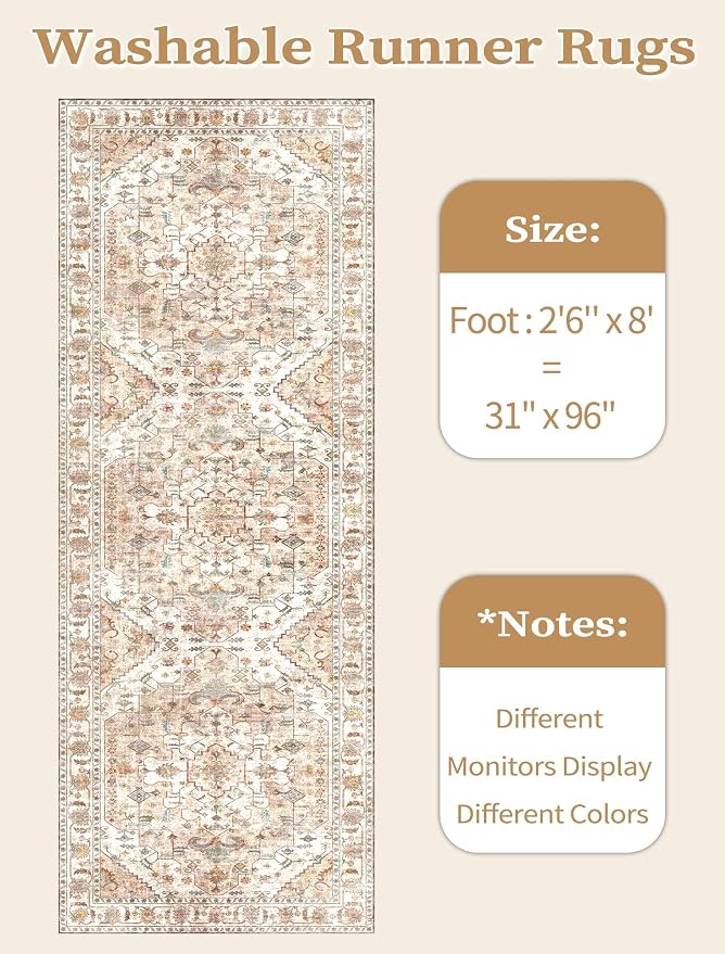 SERISSA 2'6"x8' Washable Non Slip Boho Runner Rug for Hallway，Peach Cream | Ultra Soft Vintage Oriental Carpet Low-Pile Distressed Tribal Floor Carpet for Kitchen Bedroom Bathroom Laundry Room
