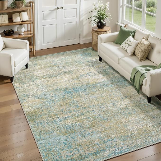 Tangsoo Abstract 3x5 Washable Area Rug, Modern Non Slip Indoor Accent Rugs | Contemporary Print 3x5 Carpet, Soft Low Pile Foldable Rugs for Living Room Bedroom Bedside Entryway Blue Beige Home Decor