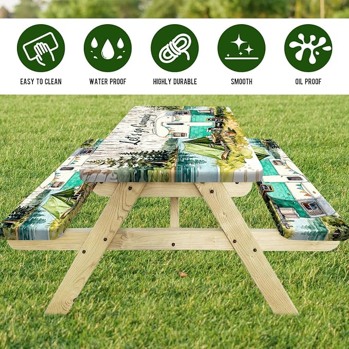 Picnic Table Cover with Bench Covers Elastic Edges, Camping Watercolor Wooden Table Cover, Outdoor Patio Camping Essentials 72 Inch 3PCS, Waterproof Washable Fitted Tablecloth with Drawstring Bag