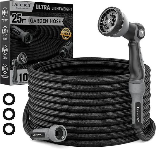 Garden Hose, Flexible Ultra Lightweight Durable, Kink-Free Water Hose with 10 Function Sprayer - Non-Shrinking, Easy to Store, All-Weather, High-Pressure, Black (25 FT)