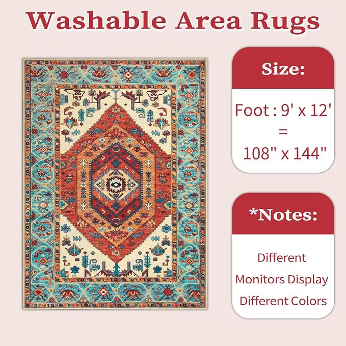 SERISSA 9x12 Washable Non Slip Boho Area Rug for Living Room，Orange | Ultra Soft Vintage Oriental Carpet Low-Pile Distressed Tribal Throw Carpet for Dining Room Bedroom Dorm Office Home Decor