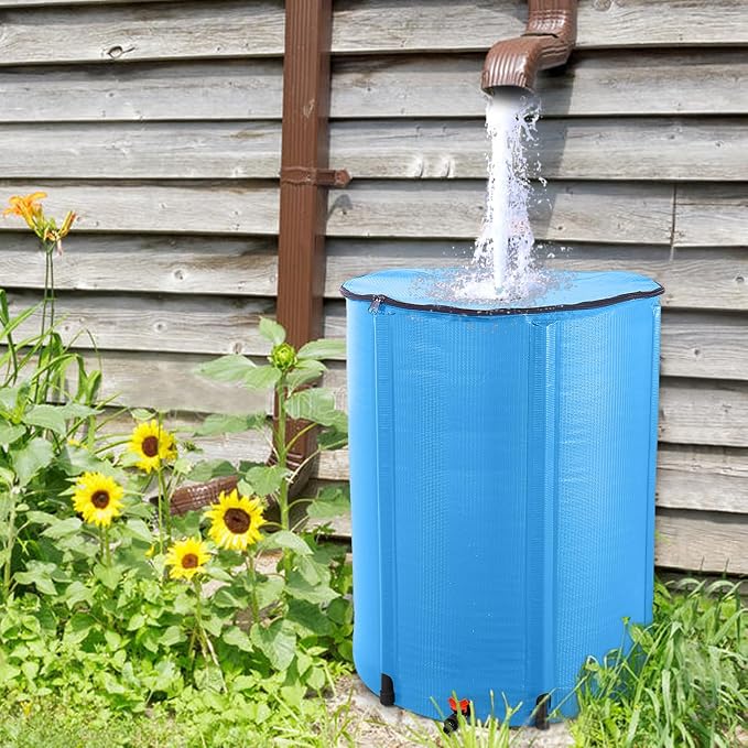 100 Gallon Collapsible Rain Barrel, Portable Rainwater Collection System, Water Storage Tank, Rain Catcher Barrel with Spigots and Overflow Kit, Rainwater Barrels Collector for Garden, Blue