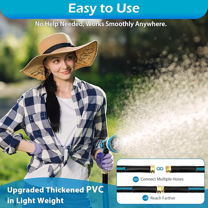 50FT Non-Expandable Garden Hose, Flexible Water Hose with Spray Nozzle, Kink-Resistant, Leakproof 3/4" Brass Connectors, Lightweight & Portable Water Pipe for Yard, Lawn Outdoor