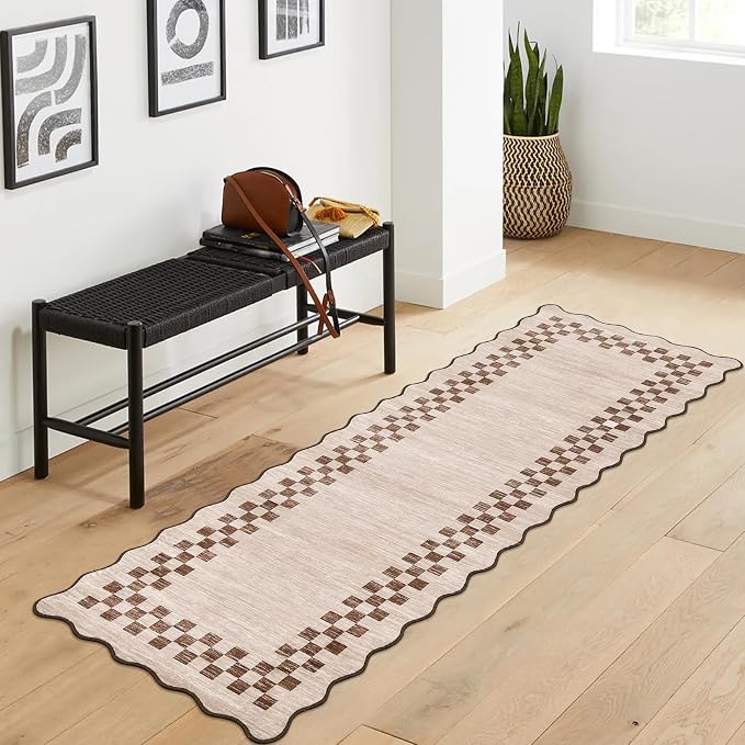 GarveeHome Hallway Kitchen Runner Rug 2x6 Non Slip Scalloped Washable Rug | Entry Stain Resistant Modern Border Throw Floor Carpet, Long Runner Mat for Bathroom Living Room Bedside, Beige