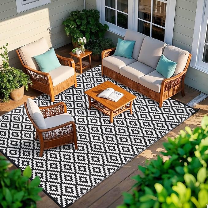 Outdoor Patio Plastic Straw Rug - 5x8 ft Outdoor Camping Rug Waterproof Reversible, Area Carpet Patios RV, Outside Porch Balcony Deck for Camper, Black & White