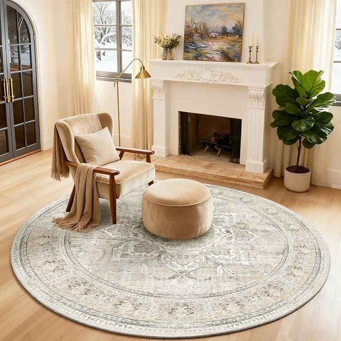 4ft Washable Round Rugs for Bedroom: Circle Living Room Rug Boho Vintage Non Slip Low Pile Soft Faux Wool Non Shedding Small Circular Rug for Kitchen Entryway Bathroom Bedside Office Dorm Kids Room
