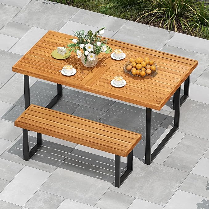 HAPPYGRILL Acacia Wood Bench for 2 People, Outdoor Dining Bench with Metal Legs & Adjustable Foot Pads, for Entryway, Garden, Poolside, Balcony, 800 LBS (2)