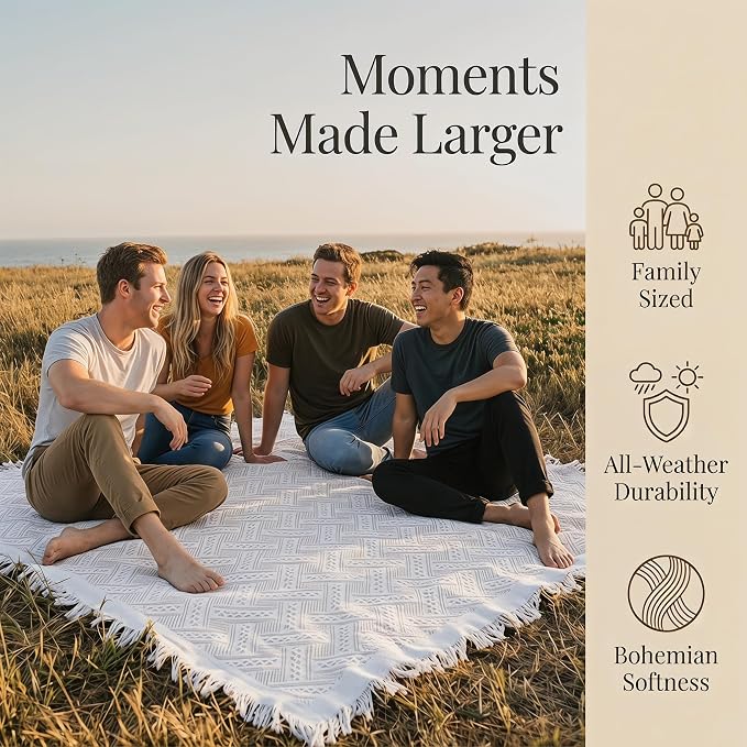 70x70 Bohemian Picnic Mat Extra Large, Sand Proof Outdoor Camping Blanket Machine Washable, Lightweight Portable Travel Tarp for 5-7 Adults Beach Park Grass (Brown-T-Grid)