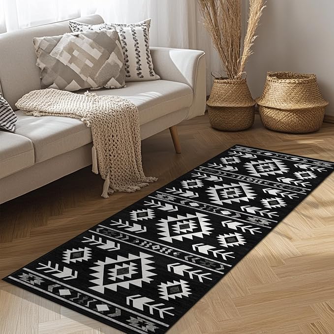Western Runner Rug 2x6 for Hallway Kitchen Bedroom, Southwestern Aztec Tribal Runner Rugs Southwest Navajo Machine Washable Rug Non-Slip Printed Low-Pile Floor Carpet Mat for Living Room, Black