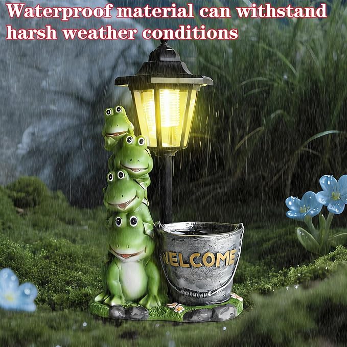 Solar Frog Statue for Outdoor, 13.4 Inch Outside Frog Family Ornaments with Lantern and Flowerpot for Garden Decor, Balcony, Patio, Yard, Lawn -Birthday Gifts for Women Grandparents