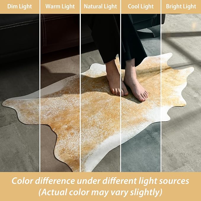 Faux Cowhide Rug Small Washable Cow Print Area Rugs, 2x3Ft Non-Slip Animal Skin Western Rustic Decor Carpet for Bedroom Living Room Office Entryway Kitchen Fireplace, Khaki Gold