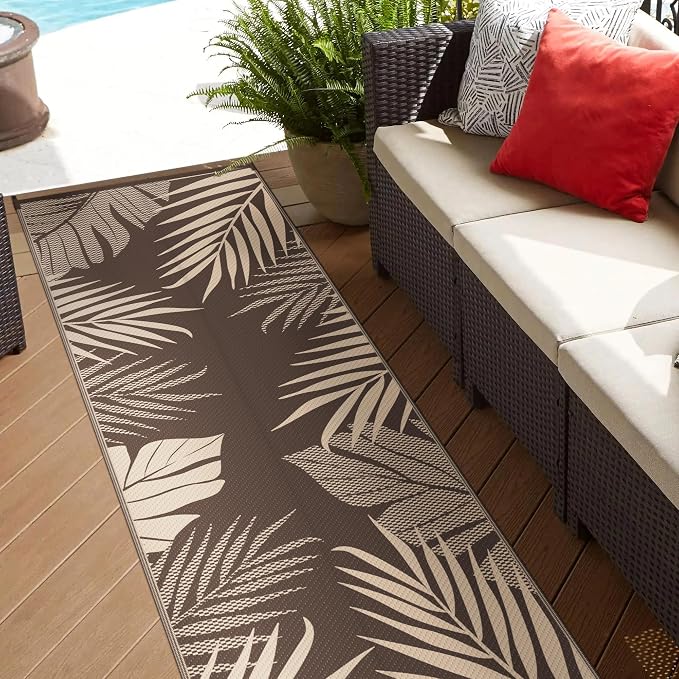 GENIMO Outdoor Rug 2.5' x 8' Waterproof for Patios Clearance, Reversible Outdoor Plastic Straw Camping Rug Carpet, Large Area Rugs Mats for RV, Camper, Deck, Balcony, Porch, Beach, Coffee&Beige