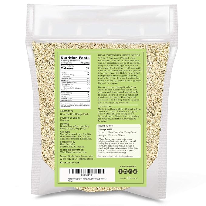 Healthworks Superfood Shelled/Hulled Hemp Seeds Canadian - 32 Oz / 2 Lbs (Pack of 2) - Premium & All-Natural - Contains Omega 3 & 6, Fiber and Protein - Packaging May Vary