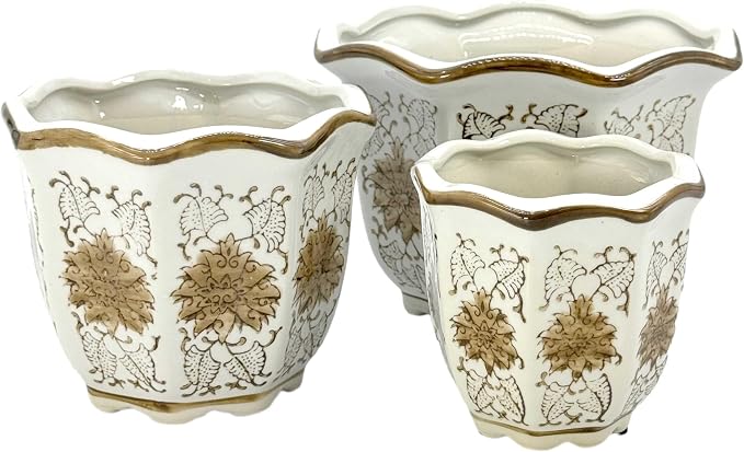 Galt International Brown & White Floral Porcelain Ceramic Decorative Flower Pot 8"/6"/4.5" Garden Pots Chinese Asian Design - Set of 3 Brown & White Fluted