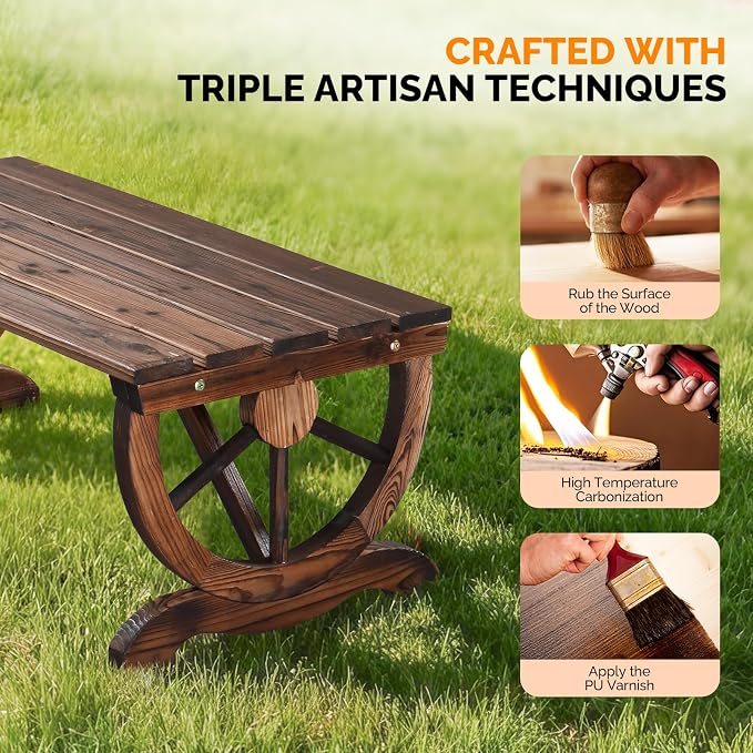 VINGLI Rustic Wooden Wheel Bench Outdoor Bench, Patio Bench Wagon Slatted Seat, Garden Benches for Outdoors 350lbs High Capacity, Weather Resistance (Rustic, 38in)