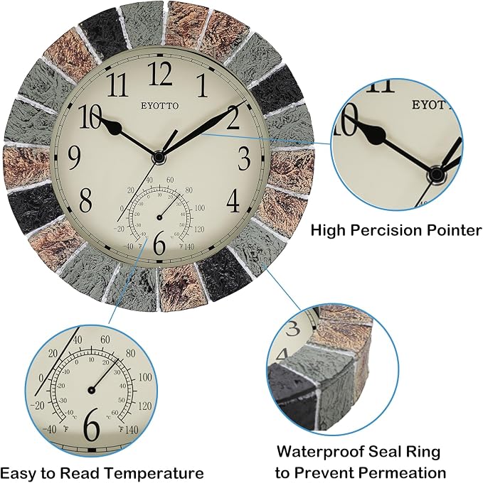 eYotto 10 Inch Small Outdoor Clock Waterproof with Thermometer,Weather-Resistant Non-Ticking Battery Operated Wall Clocks Weatherproof for Patio, Pool, Garden, Lanai, Fence, Porch, Deck
