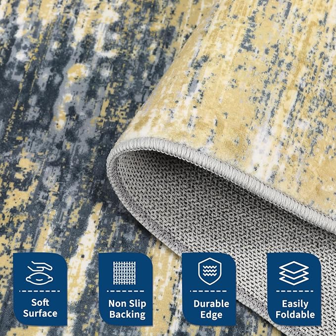 ROYHOME Modern Abstract Living Room Rug 8x10, Yellow/Black | Washable Area Rugs for Bedroom, Stain Resistant Non Slip Large Rug, Soft Indoor Carpet for Dining Room Table Home Decor