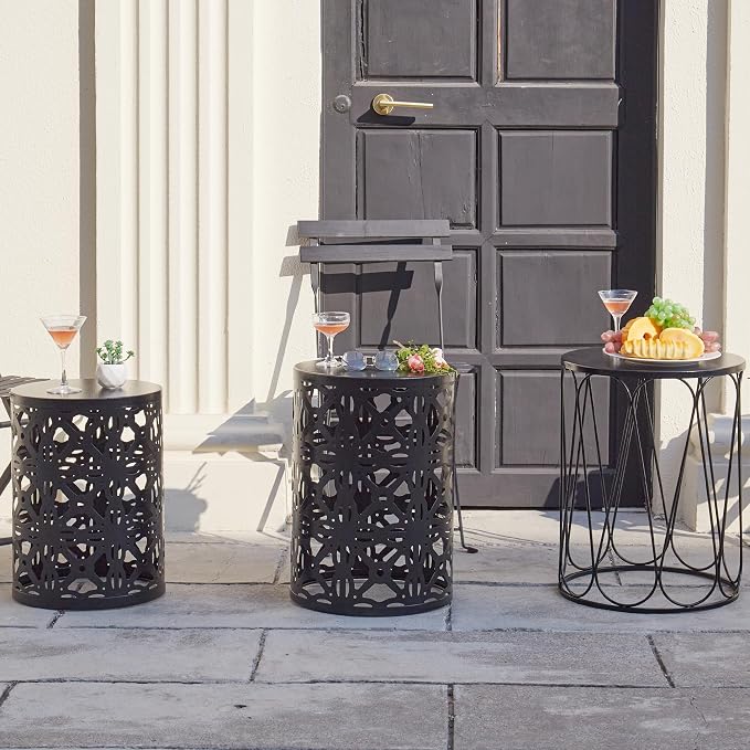 Y&M Outdoor Side Tables Set of 3, Round Metal Stacking Patio Side Tables, Indoor & Outdoor End Tables, Decorative Garden Stool Plant Stand for Patio, Garden, Balcony, Porch, Black