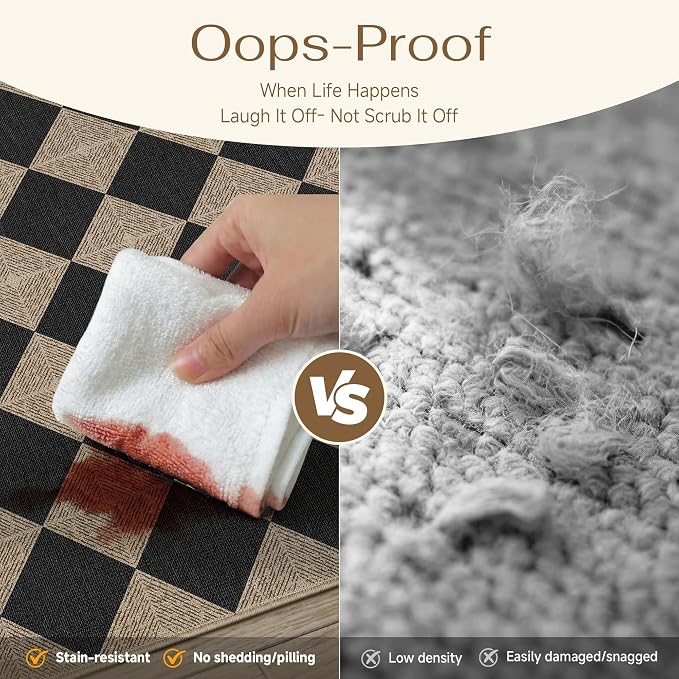 PureCozy 5x8 Checkered Easy Jute Area Rug for Living Room Checkerboard Washable Indoor Outdoor Carpet Farmhouse Patio Office Mat Textured Diamond Non Slip Black Carpet for Backyard Dining Room