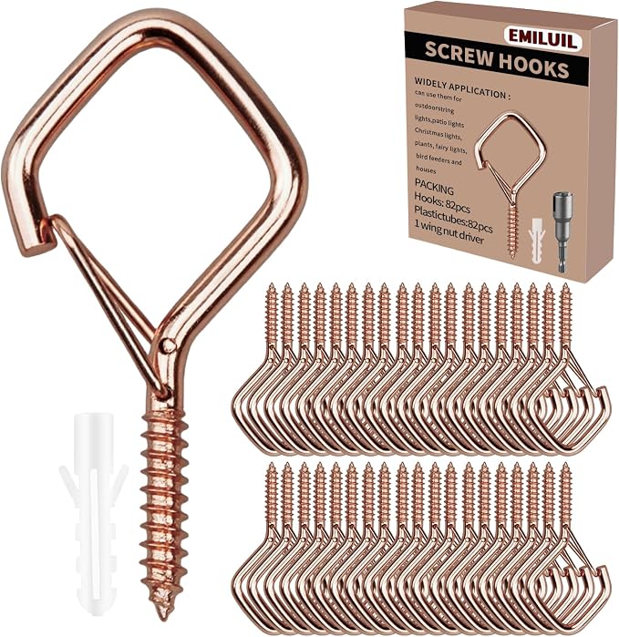 82 PCS Metal Rose Gold Eye Screw Hooks for Hanging Heavy Duty.Windproof Ceiling Hooks for Hanging Plants,Cup,Wind Chime,Bird Feeders,Christmas String Lights at Indoor&Outdoor 2.2 Inch