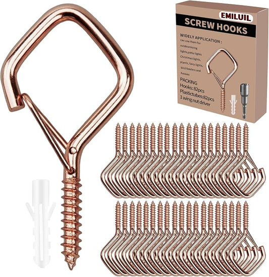 82 PCS Metal Rose Gold Eye Screw Hooks for Hanging Heavy Duty.Windproof Ceiling Hooks for Hanging Plants,Cup,Wind Chime,Bird Feeders,Christmas String Lights at Indoor&Outdoor 2.2 Inch