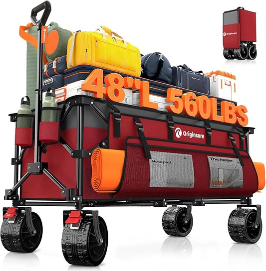 48" L Collapsible Beach Wagon Cart Foldable, 560lbs Weight Capacity 300L Heavy Duty Folding Wagons with Big All-Terrain Wheels, Utility Carts for Groceries, Shopping, Camping, Sports - Red