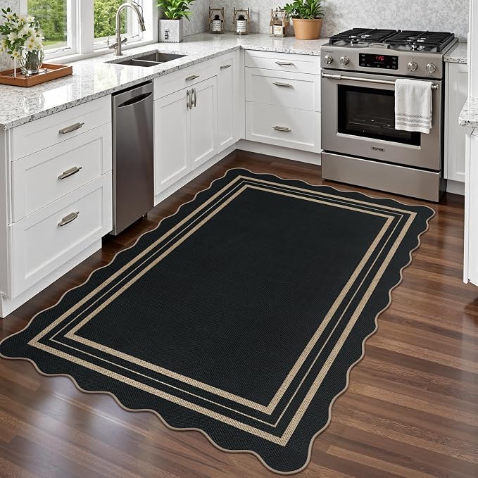 Modern Easy Jute 4x6 Outdoor Patio Rug, Washable Indoor Black Kitchen Rugs Farmhouse Neutral Non Slip Area Rug for Living Room Backyard Bedroom