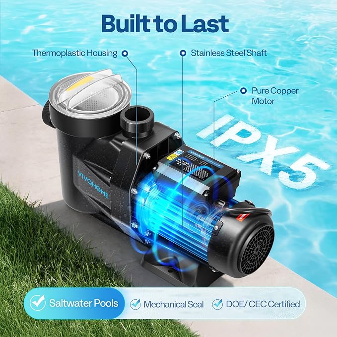 VIVOHOME Self Primming in/Above Ground Swimming Pool Pump w 1.25'' & 1.5" & 2.0'' Unions Energy Saving w/Strainer Baske, 6950 GPH